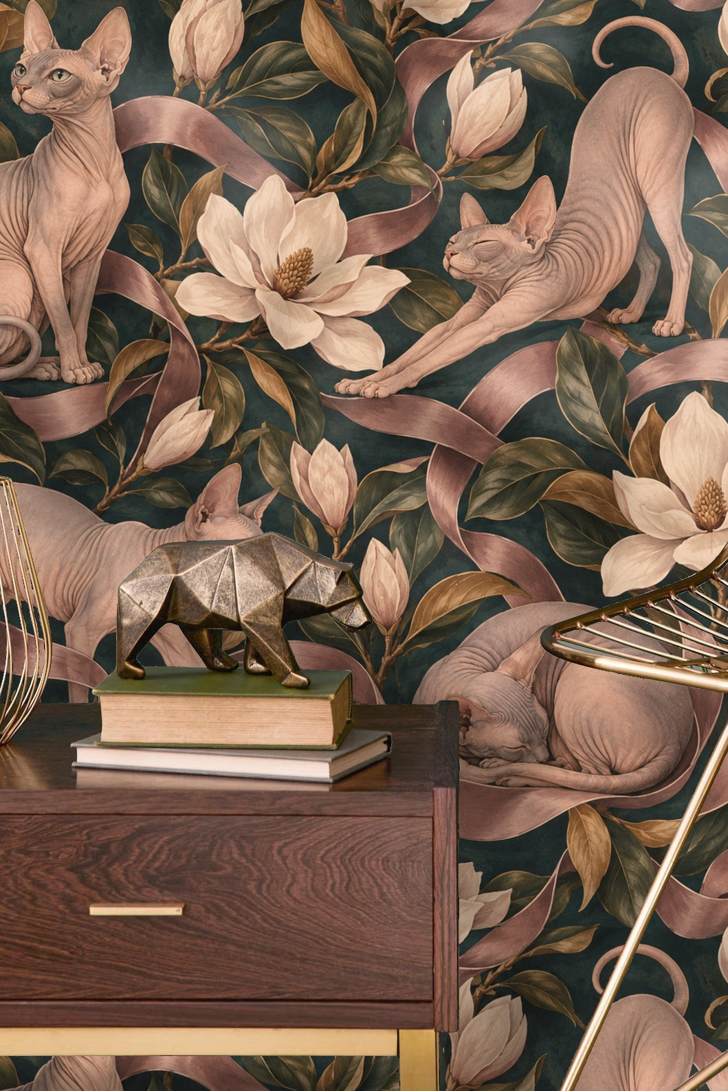 Close-up of wooden chair with lush Sphynx Satin Ribbon wallpaper pattern in natural light.