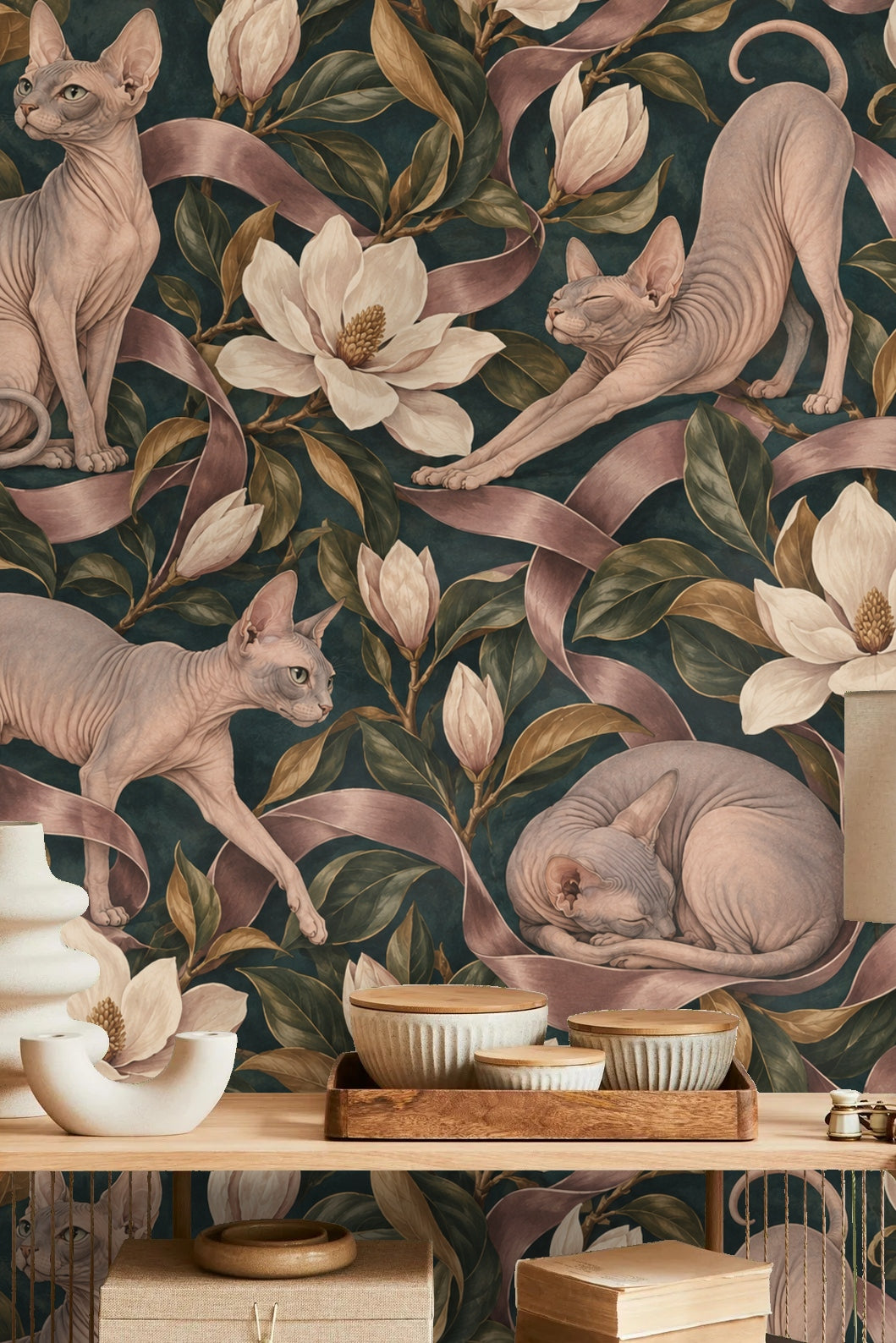 Ribbon weaving and curling through magnolia branches and sphynx cats in varied poses.