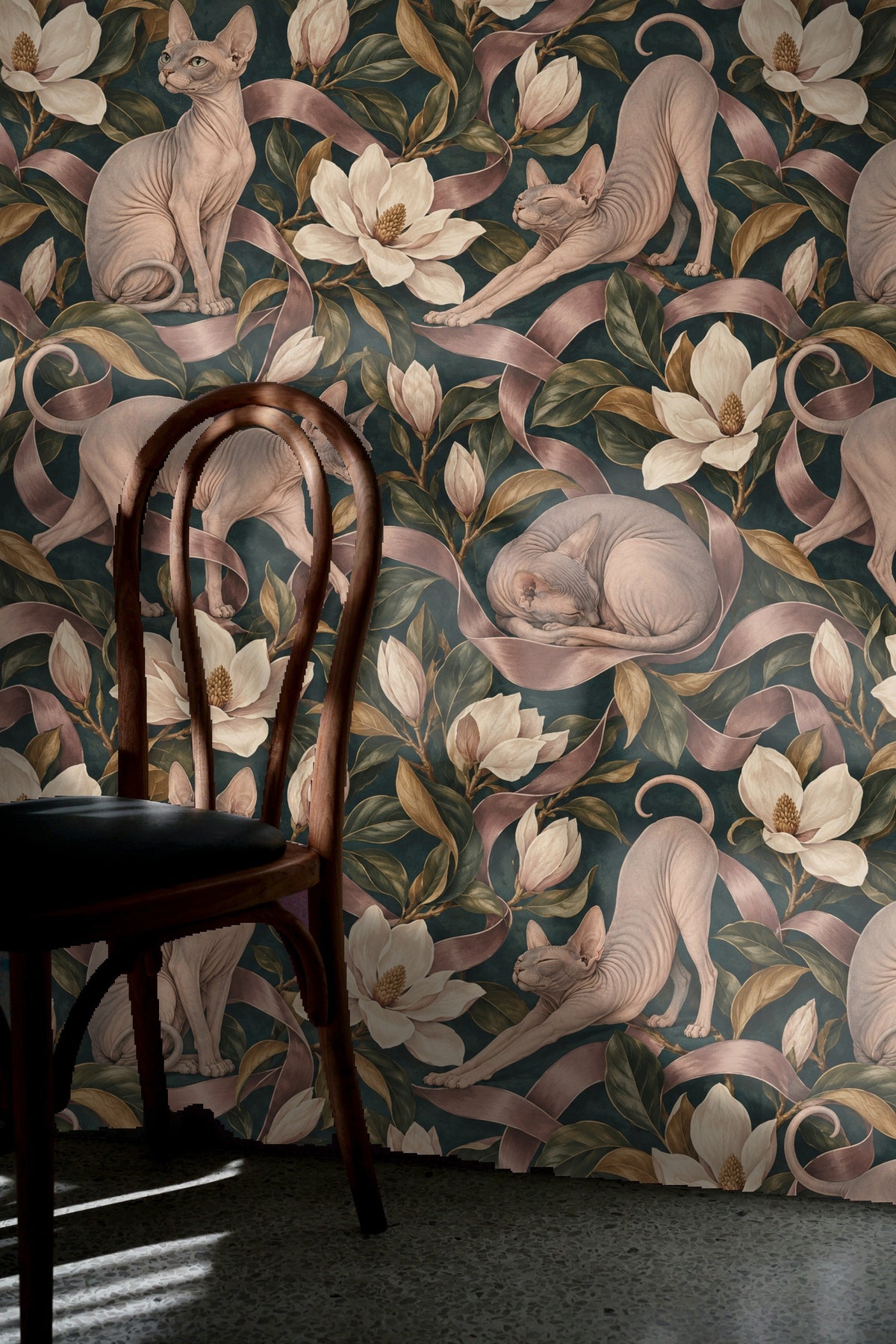 Living room featuring Sphynx Satin Ribbon wallpaper behind curvy cream sofa and terracotta chair.