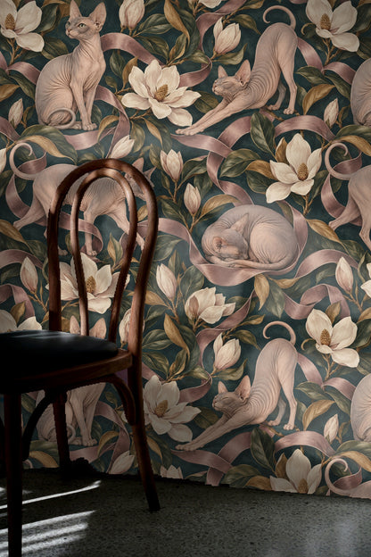 Living room featuring Sphynx Satin Ribbon wallpaper behind curvy cream sofa and terracotta chair.