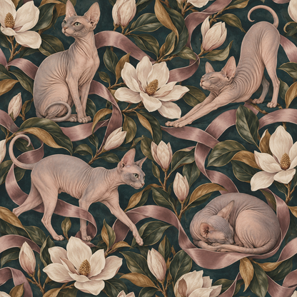 Overall pattern repeat showing interplay of cats, flowers, and ribbons on dark background.
