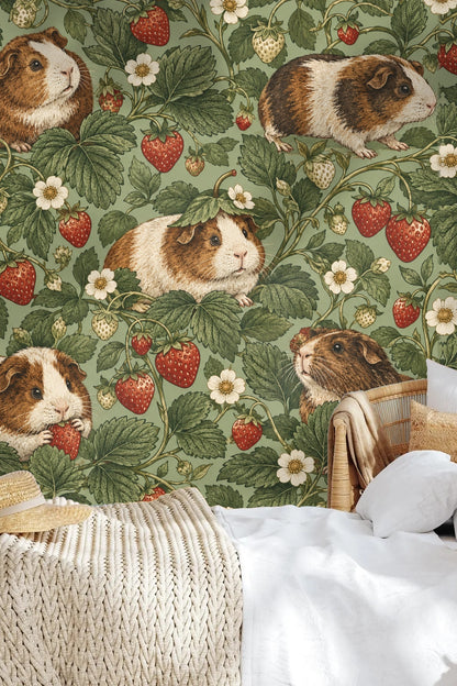 Soft green backdrop with intricate botanical and animal illustrations