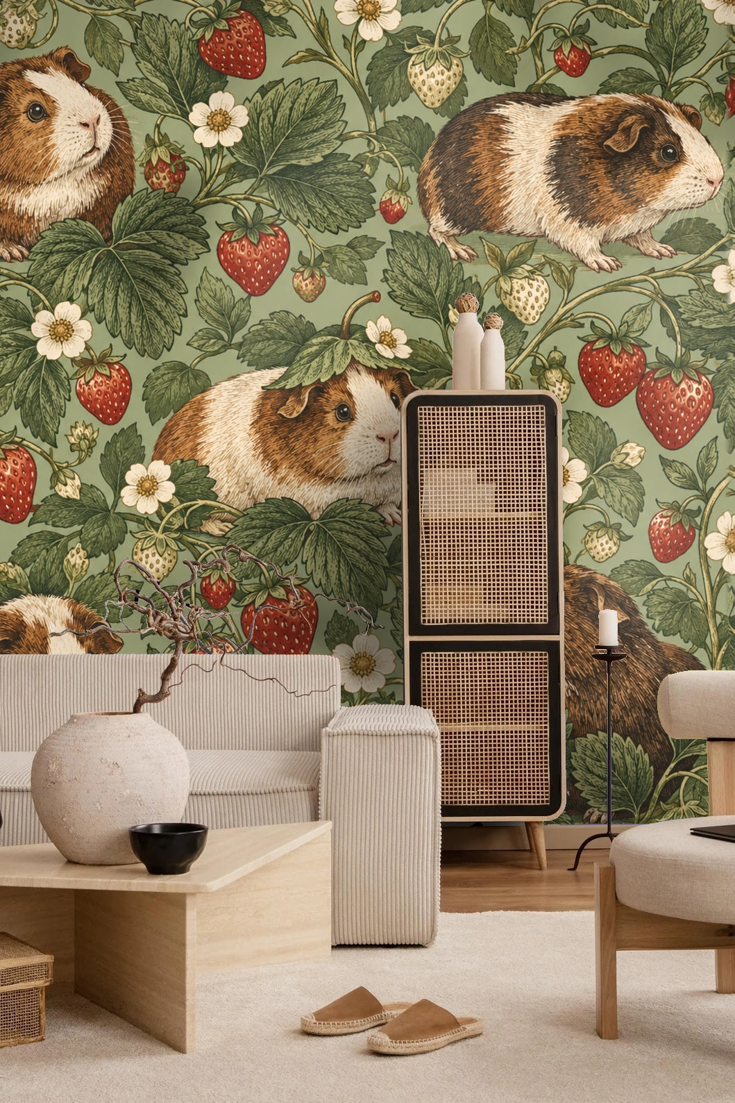 Room with wooden table, large mirror, and guinea pig strawberry wallpaper on wall