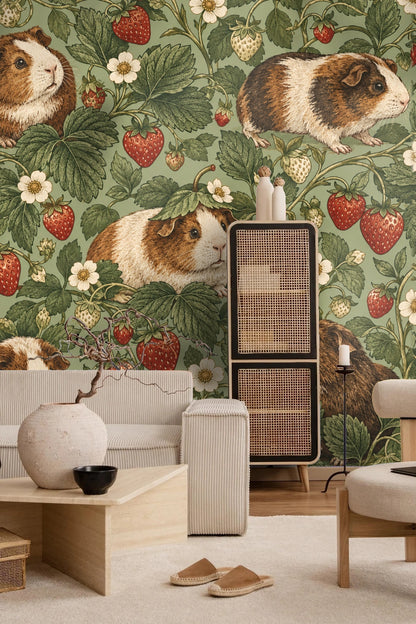 Room with wooden table, large mirror, and guinea pig strawberry wallpaper on wall