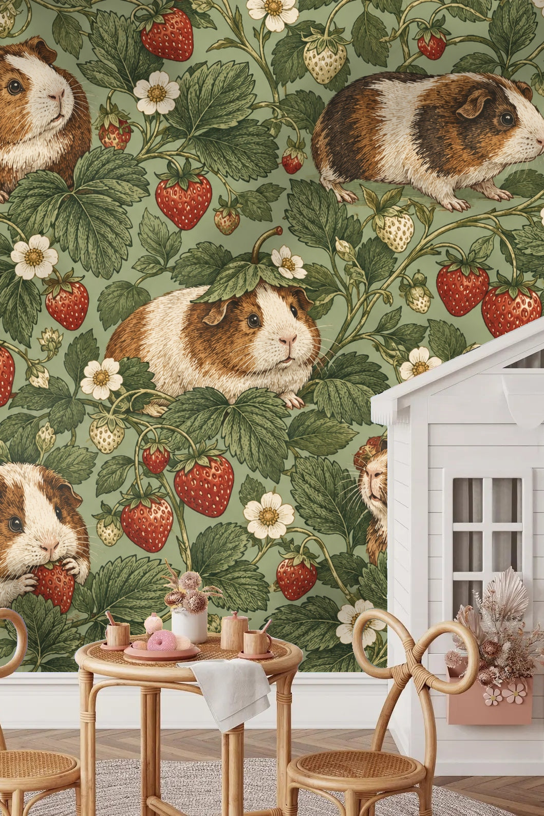 Close-up of ripe red strawberries and guinea pigs in wallpaper pattern