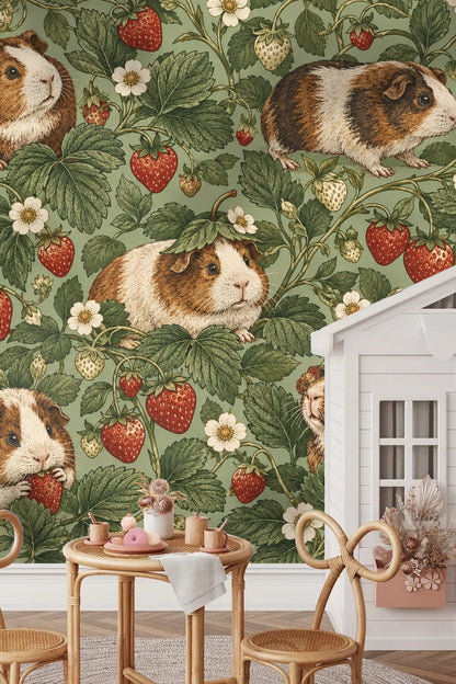 Close-up of ripe red strawberries and guinea pigs in wallpaper pattern