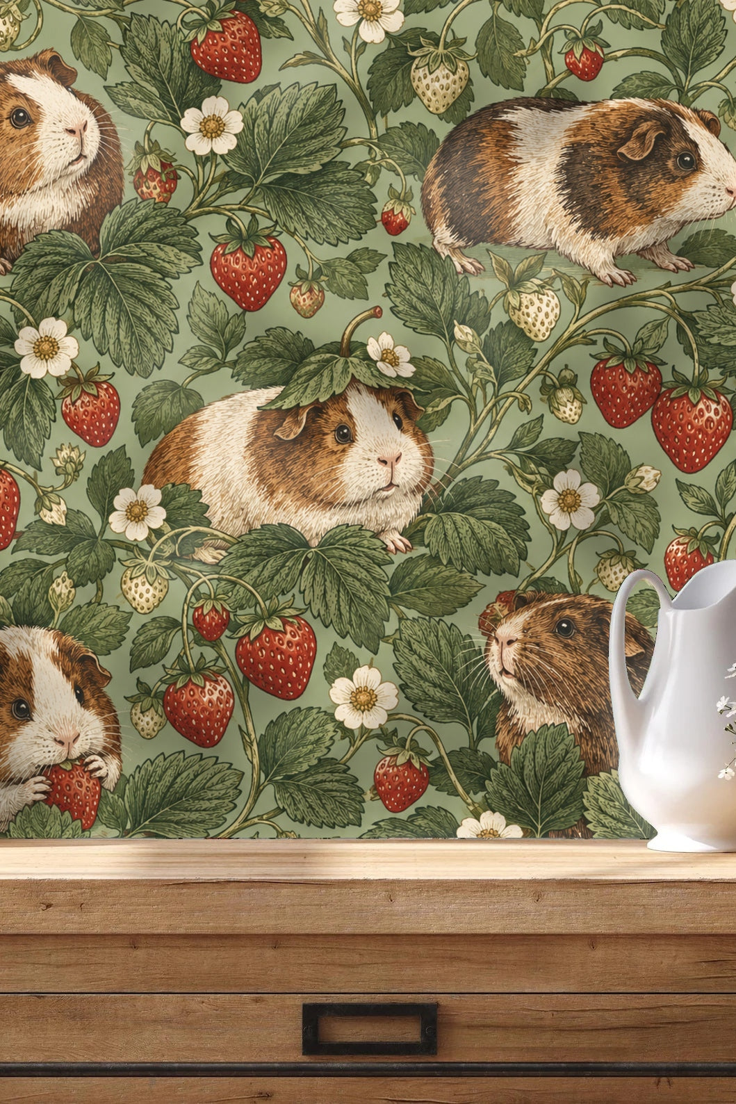 Guinea pig nibbling a strawberry in detailed naturalist style