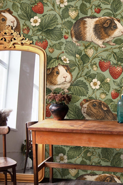 Room featuring guinea pig strawberry social wallpaper behind white sofa and terracotta chair