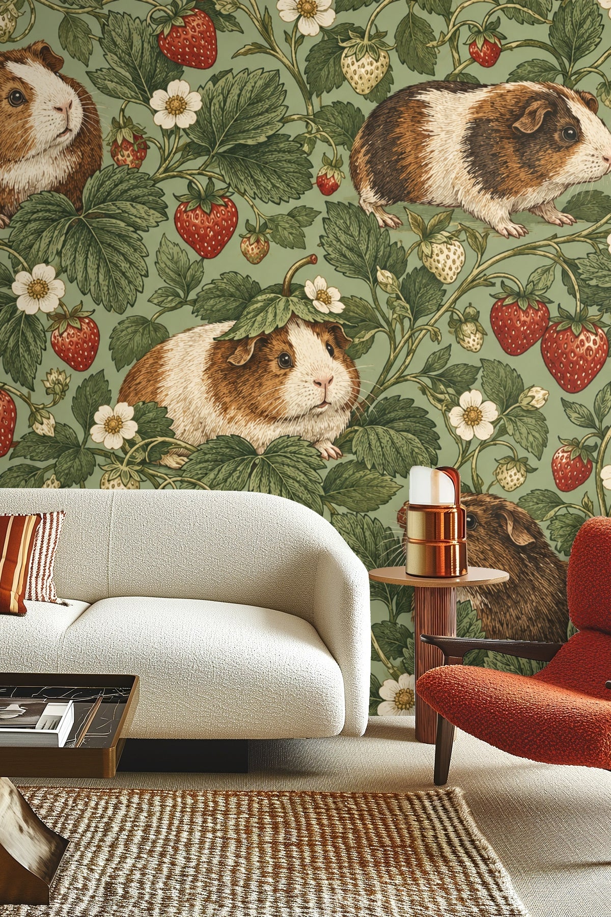 Illustration of guinea pigs nestled among strawberry vines on green background