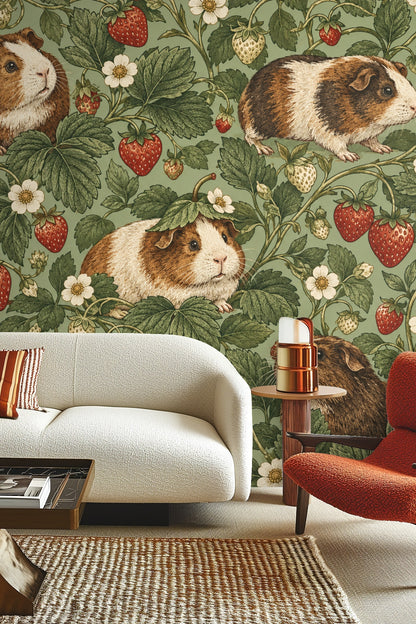 Illustration of guinea pigs nestled among strawberry vines on green background