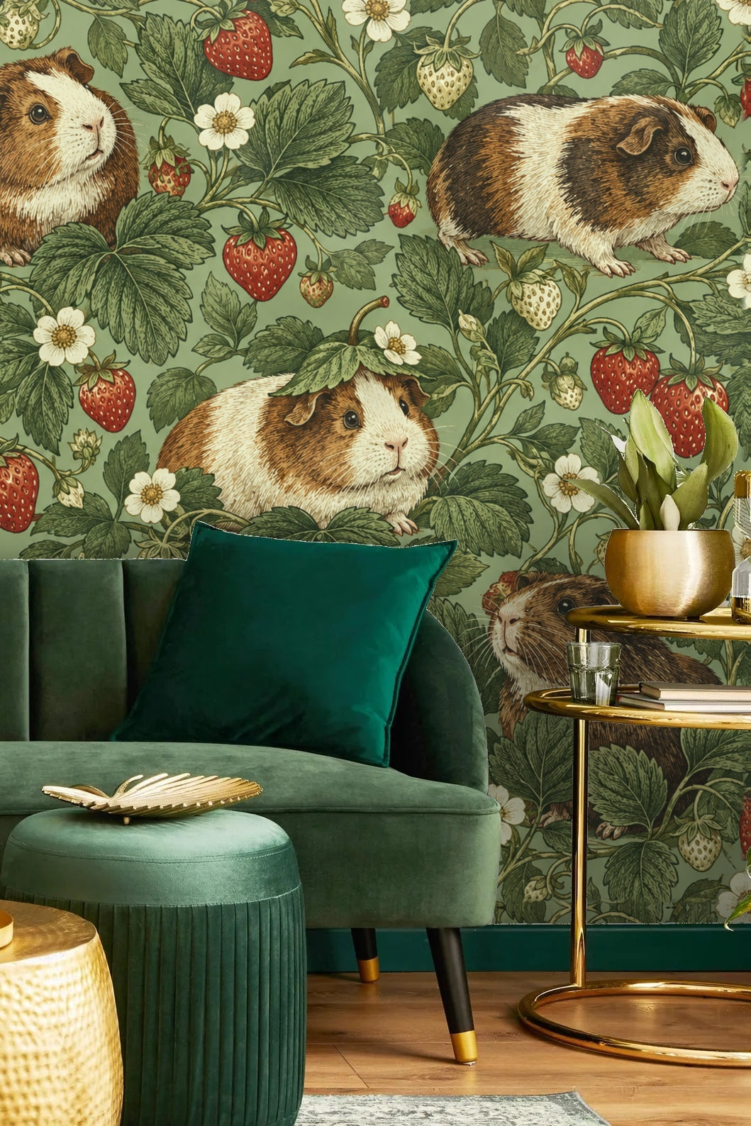 Pattern repeat showing multiple guinea pigs in garden setting