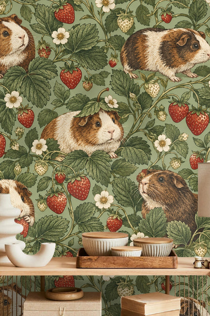 Brown and white guinea pig with a strawberry leaf on its head