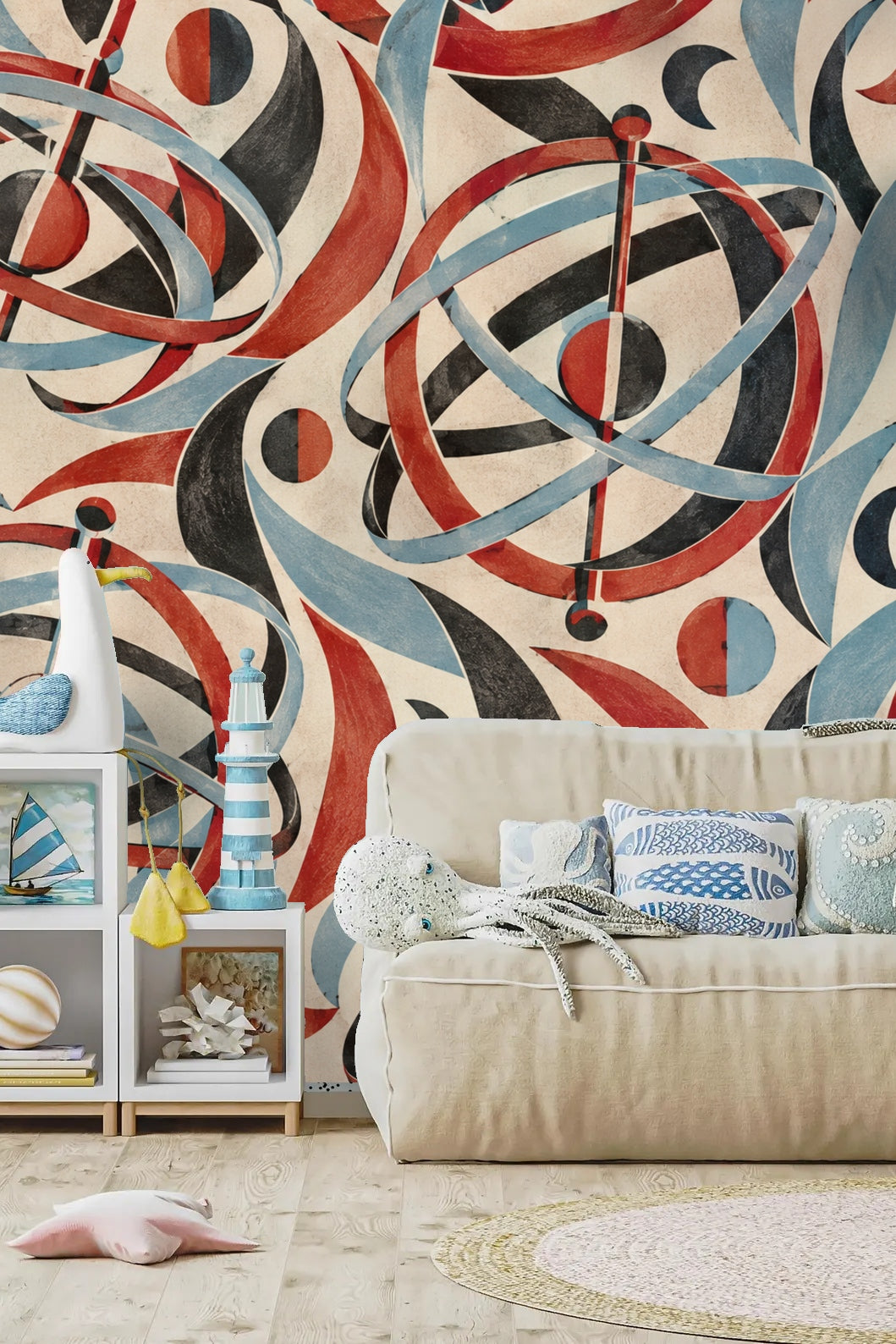 Madder Gyroscope Garden wallpaper shown in an interior setting