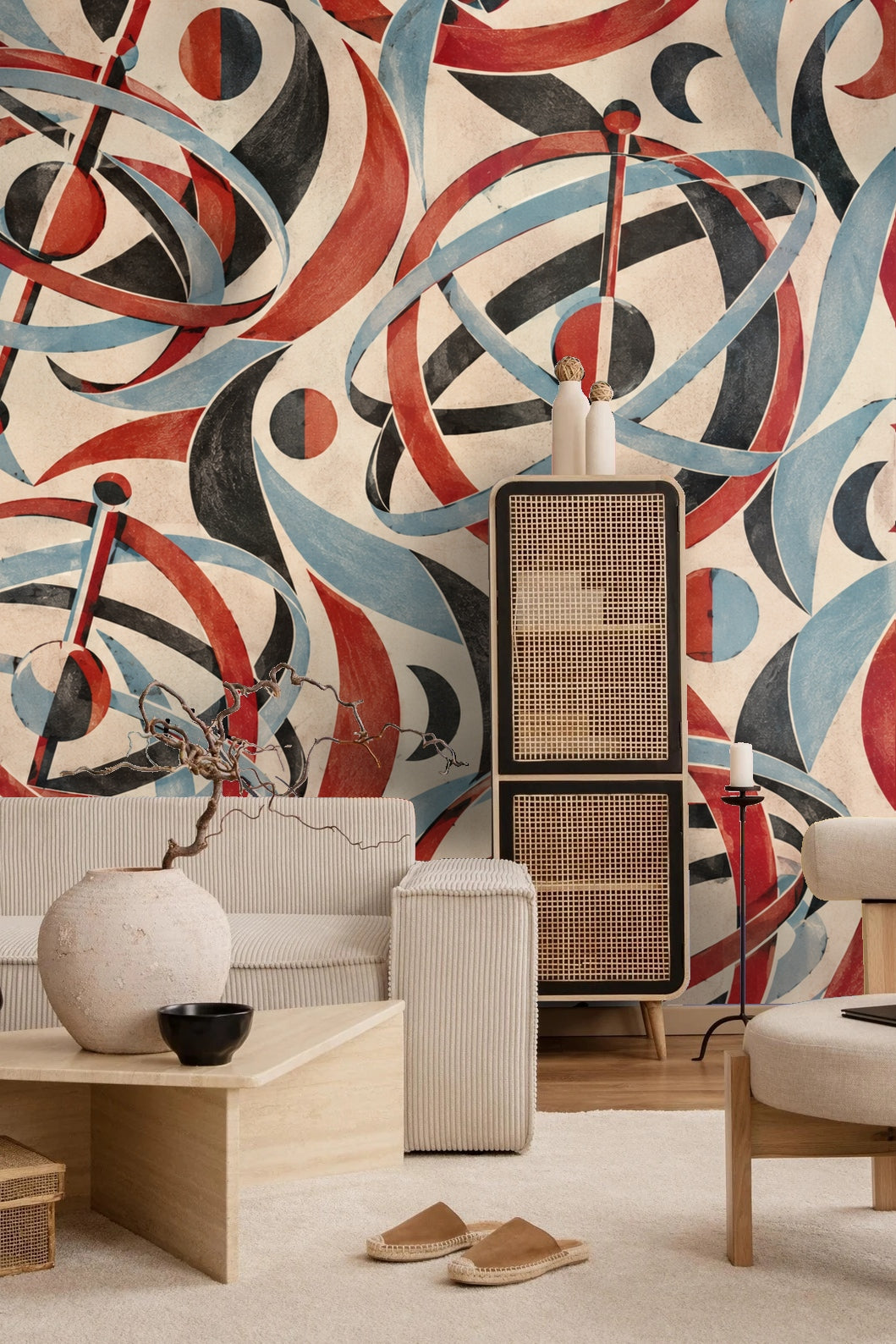Living room with Madder Gyroscope Garden wallpaper featuring colorful gyroscope motifs behind white sofa and burnt orange chair