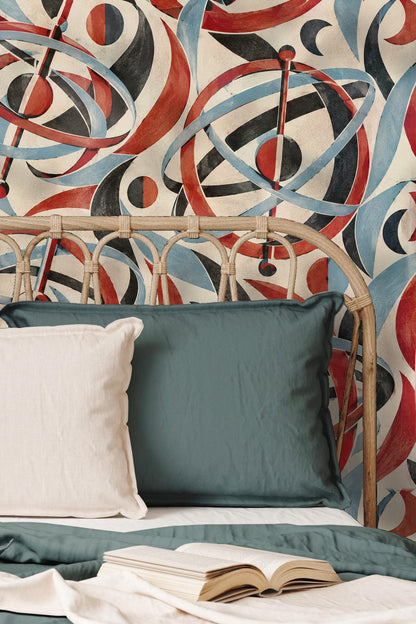 Madder Gyroscope Garden wallpaper shown in an interior setting