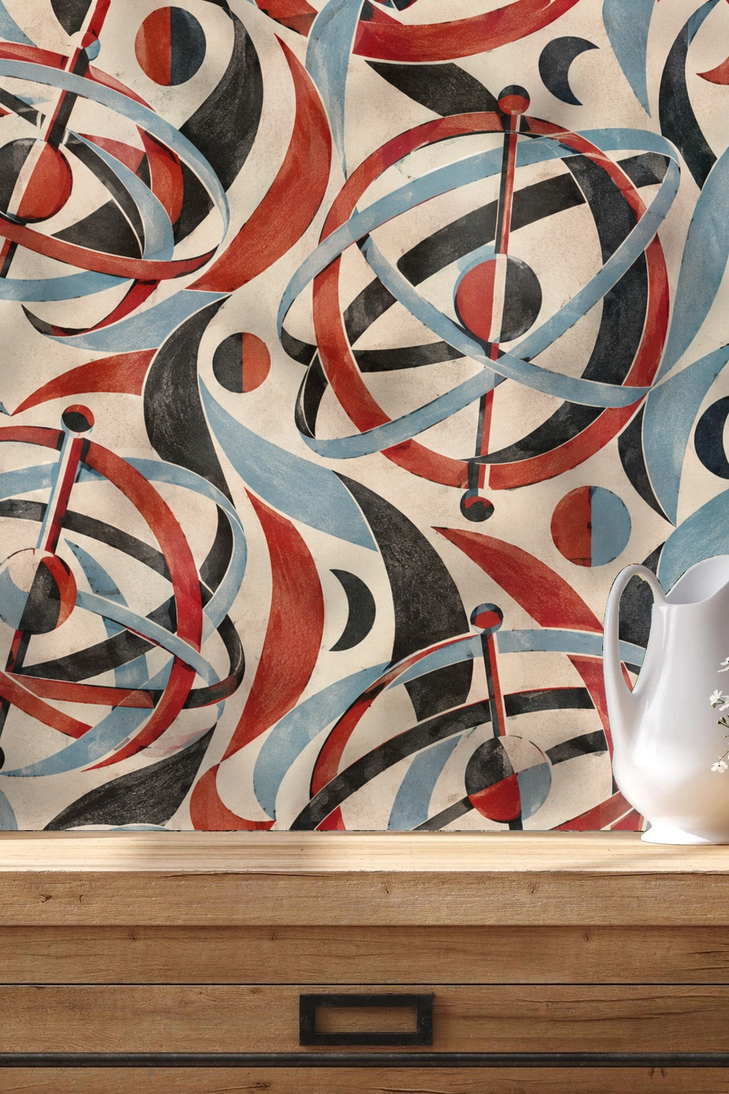 Madder Gyroscope Garden wallpaper shown in an interior setting