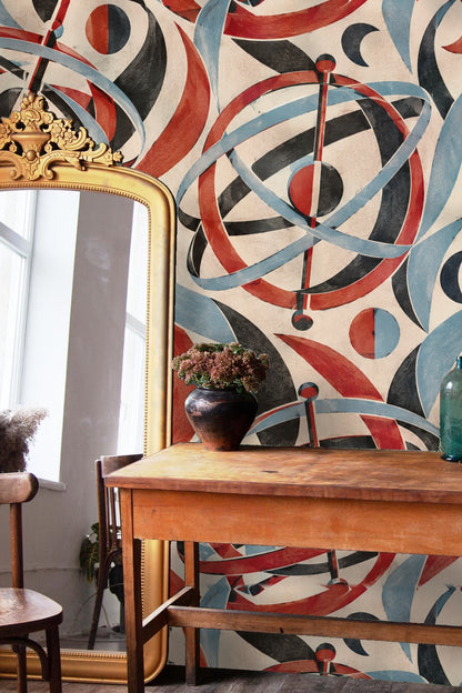Madder Gyroscope Garden wallpaper shown in an interior setting