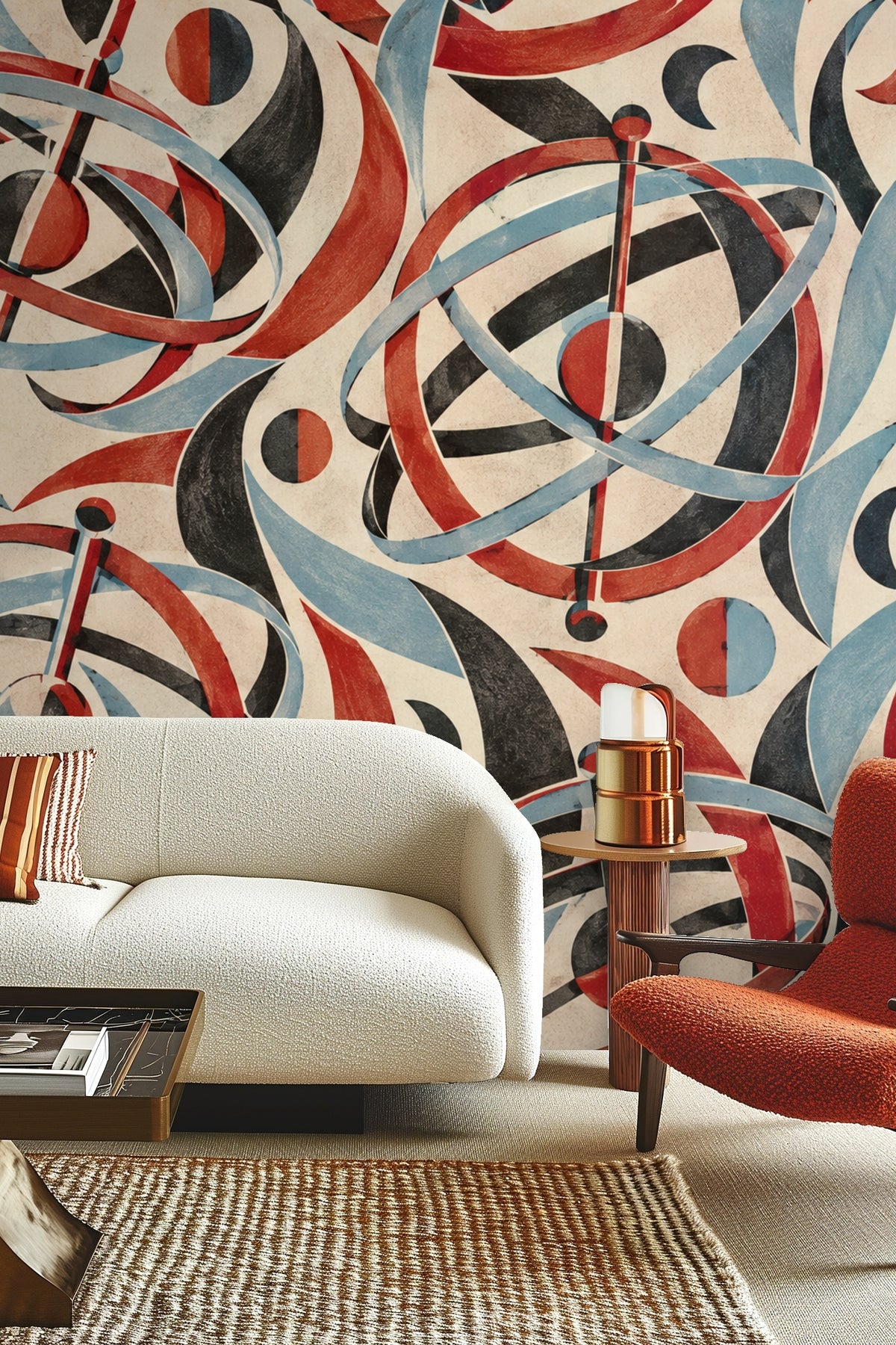 Close-up of Madder Gyroscope Garden wallpaper original artwork showing red, blue, and black gyroscope patterns on beige ground