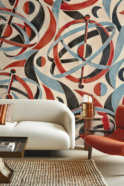 Close-up of Madder Gyroscope Garden wallpaper original artwork showing red, blue, and black gyroscope patterns on beige ground