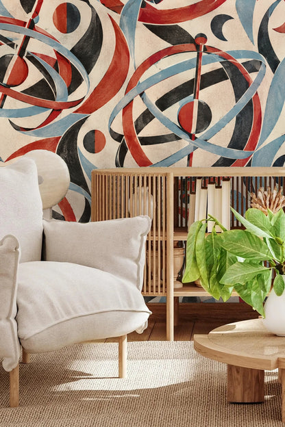 Madder Gyroscope Garden wallpaper shown in an interior setting