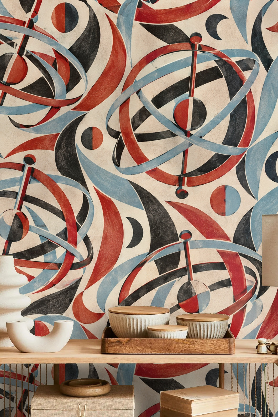 Madder Gyroscope Garden wallpaper shown in an interior setting