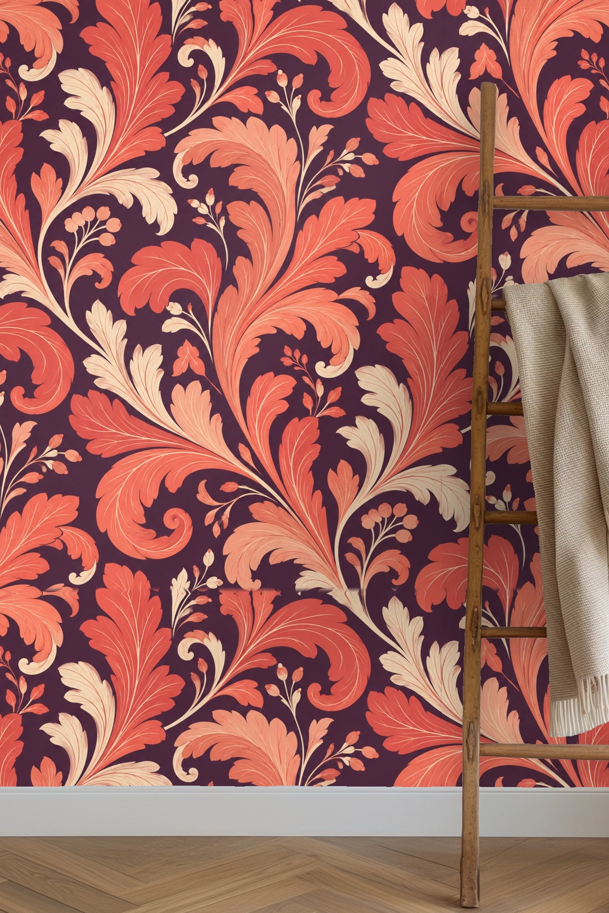 Full wallpaper pattern showing swirling coral leaves and buds on deep plum base.