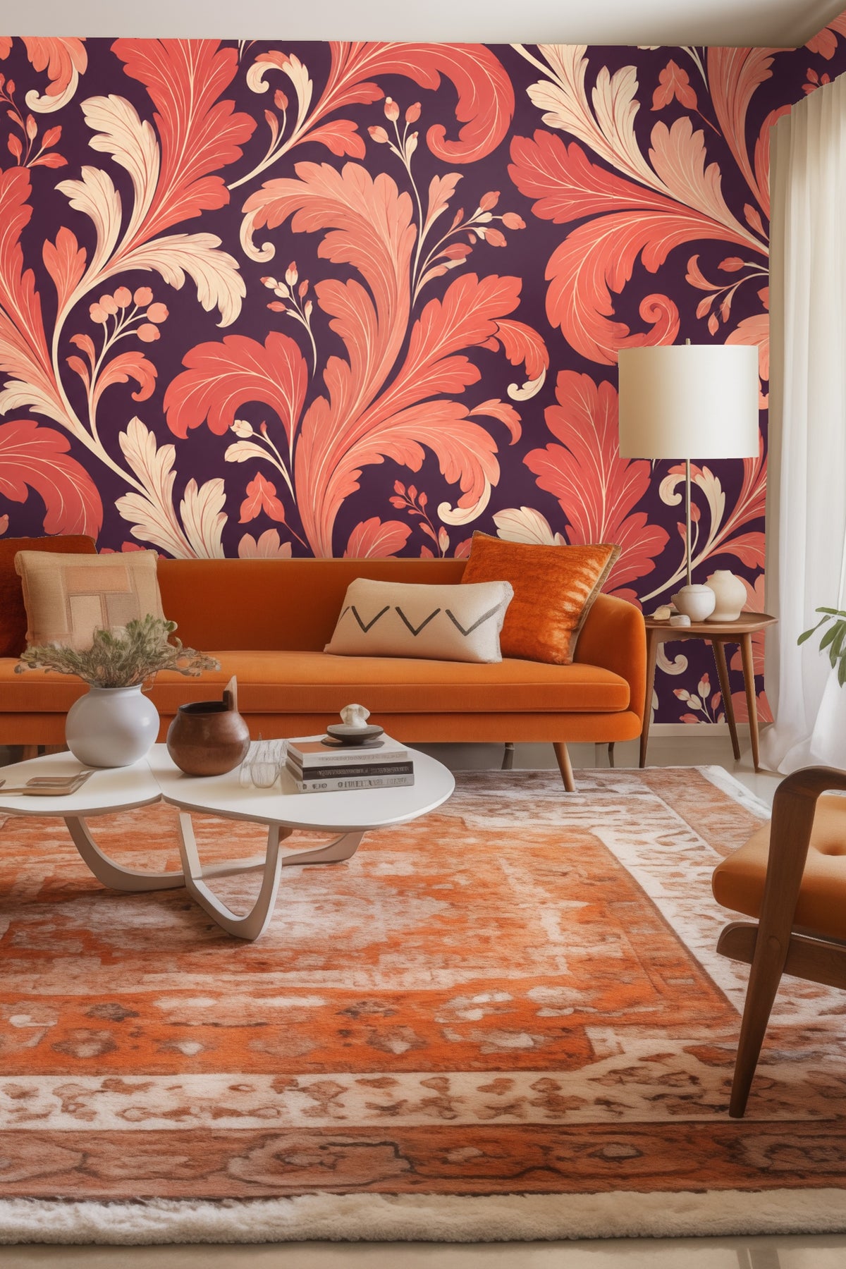Close-up of coral and cream acanthus leaf wallpaper on burgundy background.