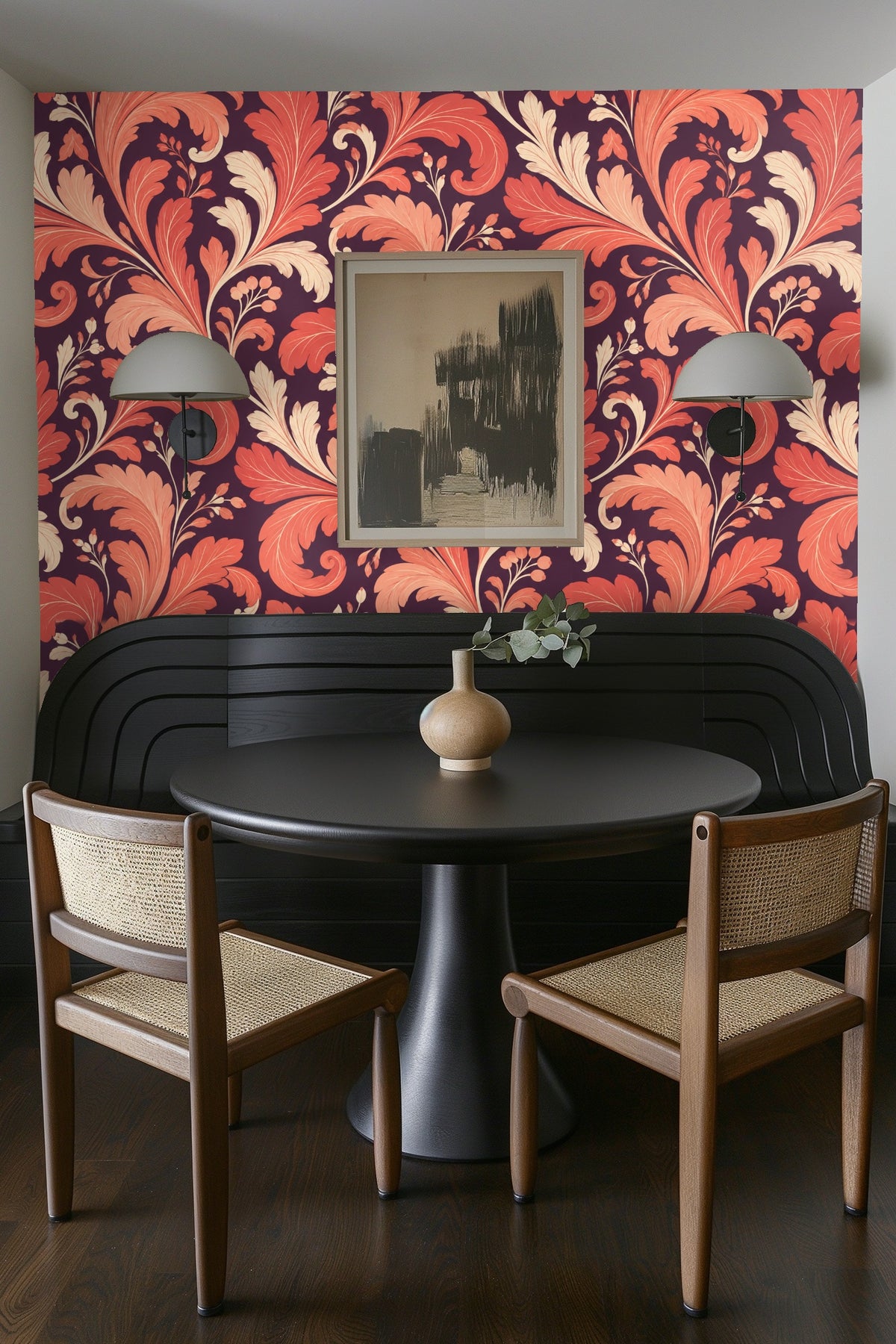 Rich burgundy backdrop contrasting with vivid coral motifs in wallpaper.