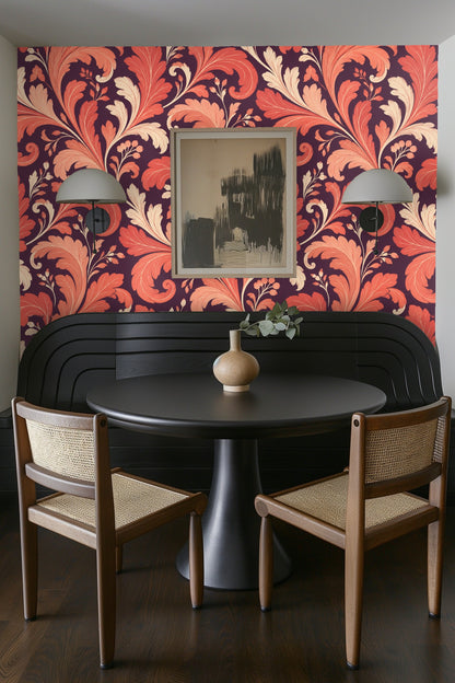 Rich burgundy backdrop contrasting with vivid coral motifs in wallpaper.