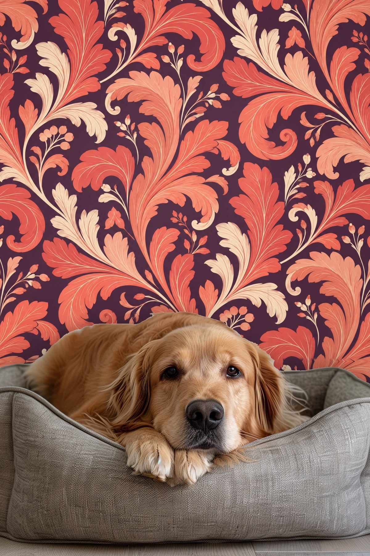 Wallpaper pattern scale demonstrated in a contemporary living space with orange accents.