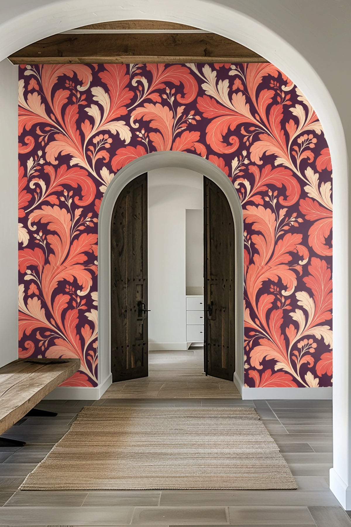 Artistic wallpaper waves revealing layered acanthus leaves in coral hues.