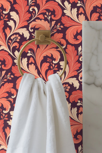 Textured appearance of painted coral leaves against dark plum wallpaper.