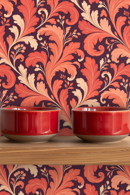 Decorative wallpaper detail with botanical seed pods and curling leaf tips.