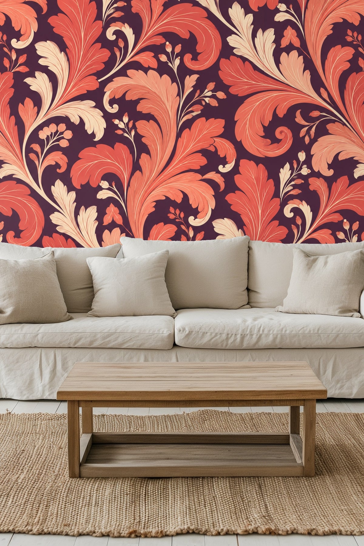 Detailed view of curling coral acanthus leaves with subtle cream highlights.