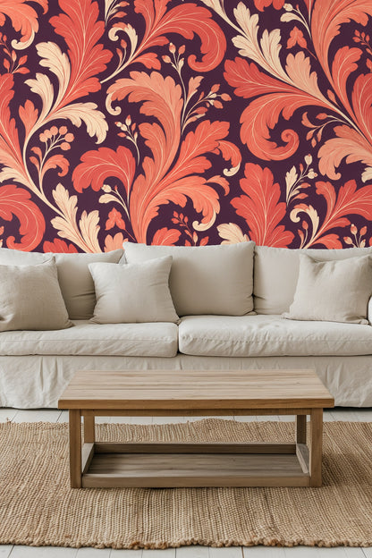 Detailed view of curling coral acanthus leaves with subtle cream highlights.