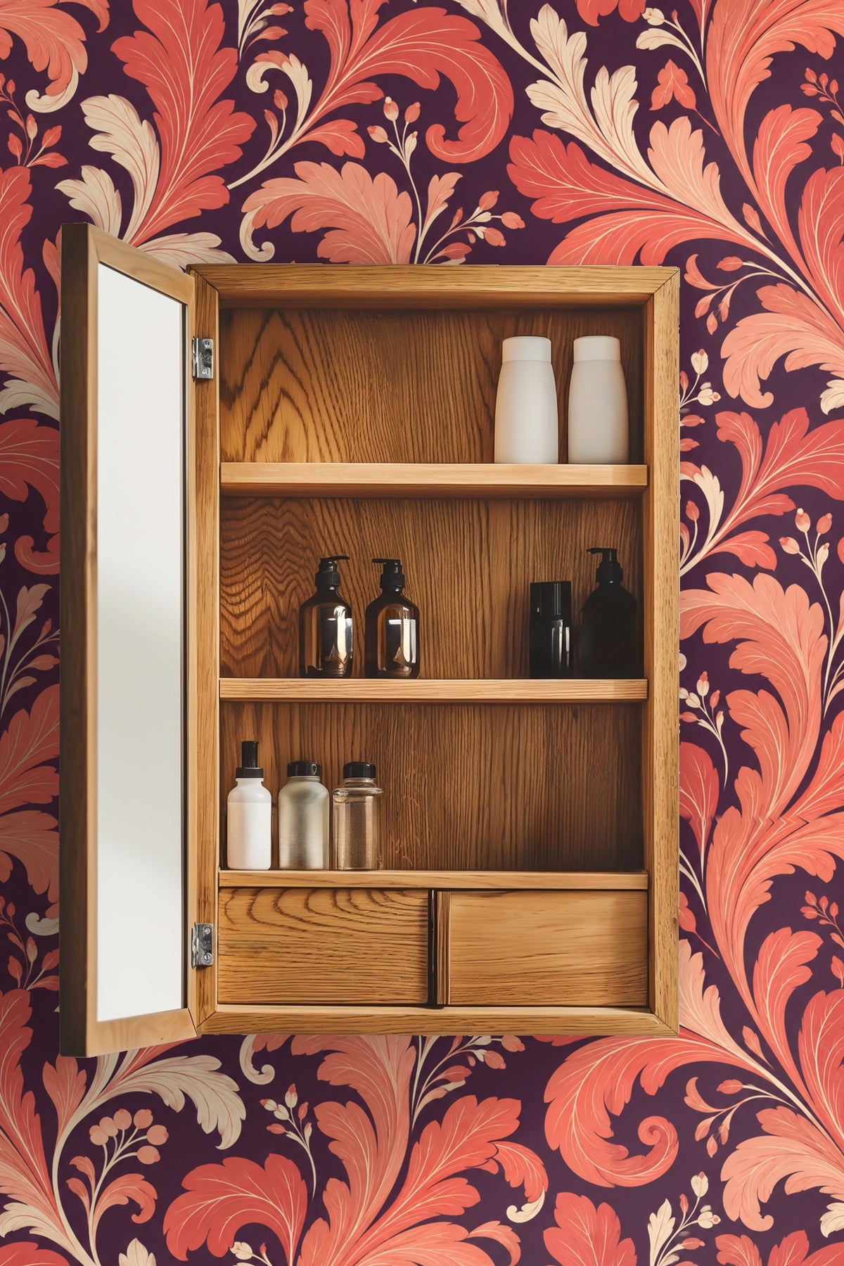 Laundry room with coral acanthus wallpaper above washer and dryer under window.