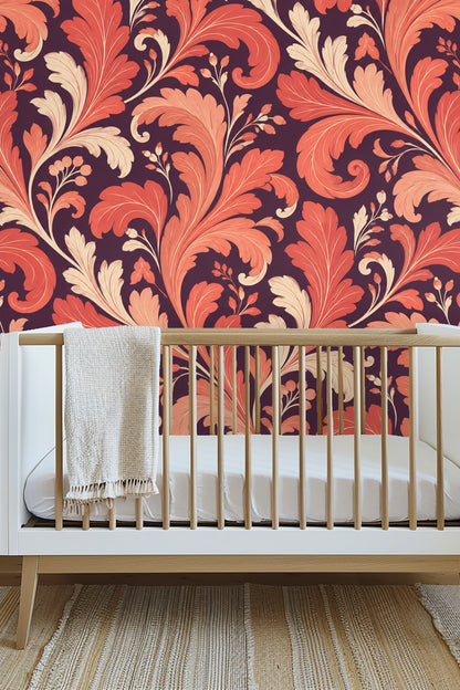 Coral foliage wallpaper brightening a mid-century modern styled lounge.