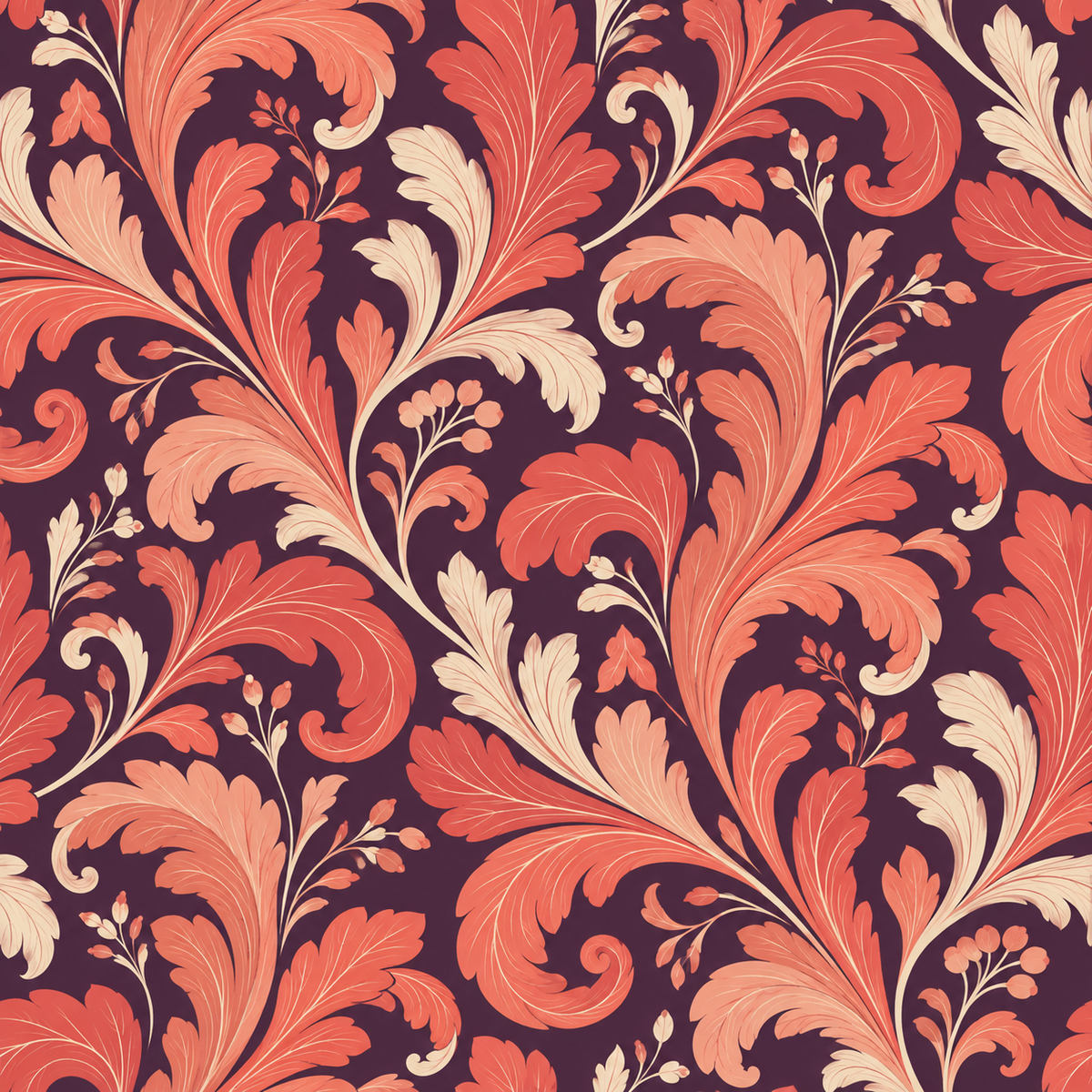 Wallpaper as room divider backdrop showing large-scale leaf pattern in coral.