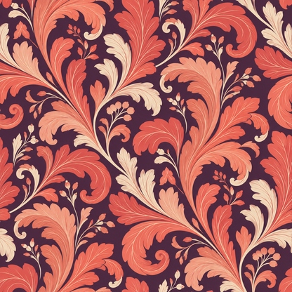 Wallpaper as room divider backdrop showing large-scale leaf pattern in coral.