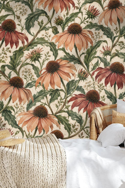 Artistic wallpaper design with muted botanical colors and intricate floral lines.