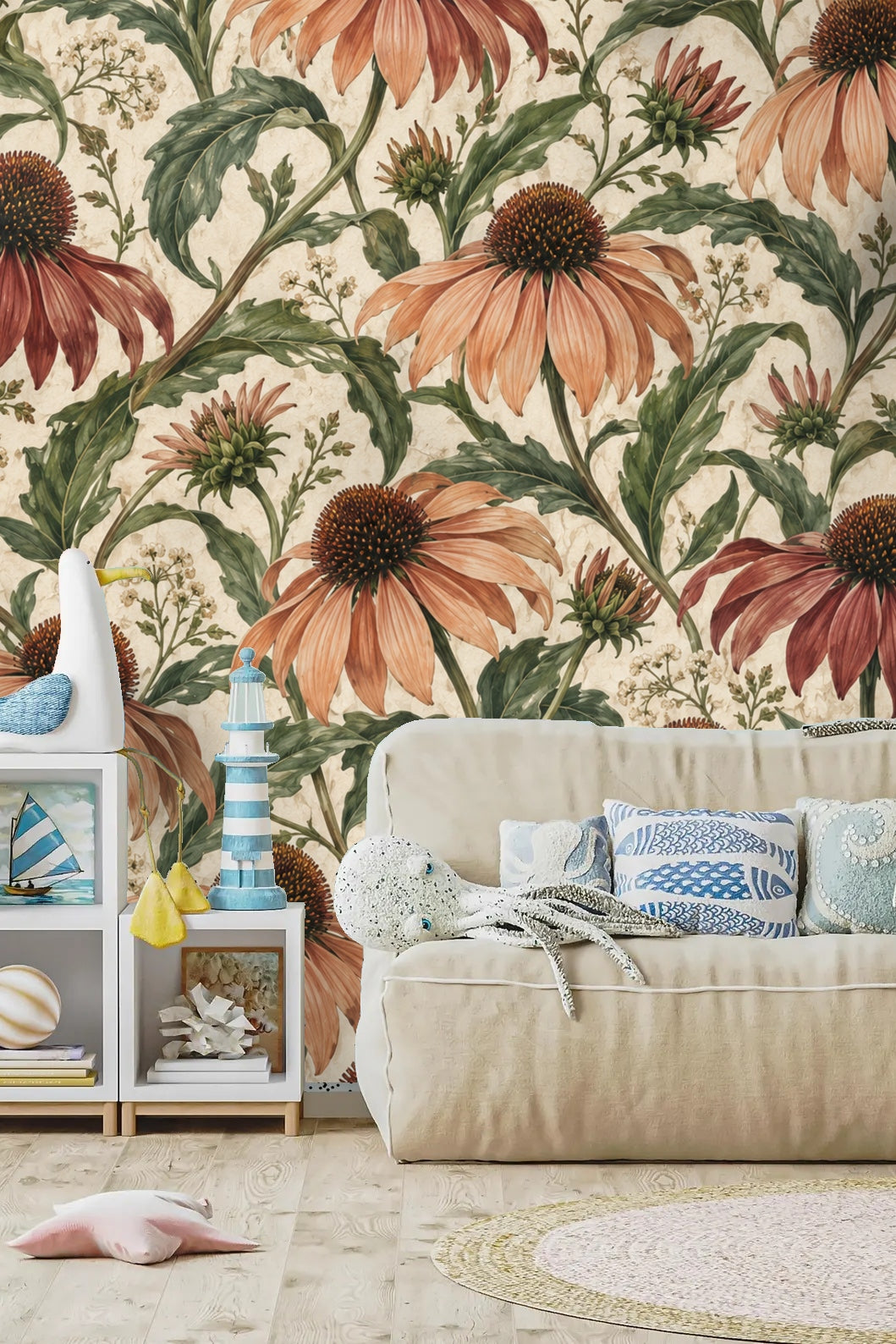 Lush botanical wallpaper mural with vintage-inspired floral composition.