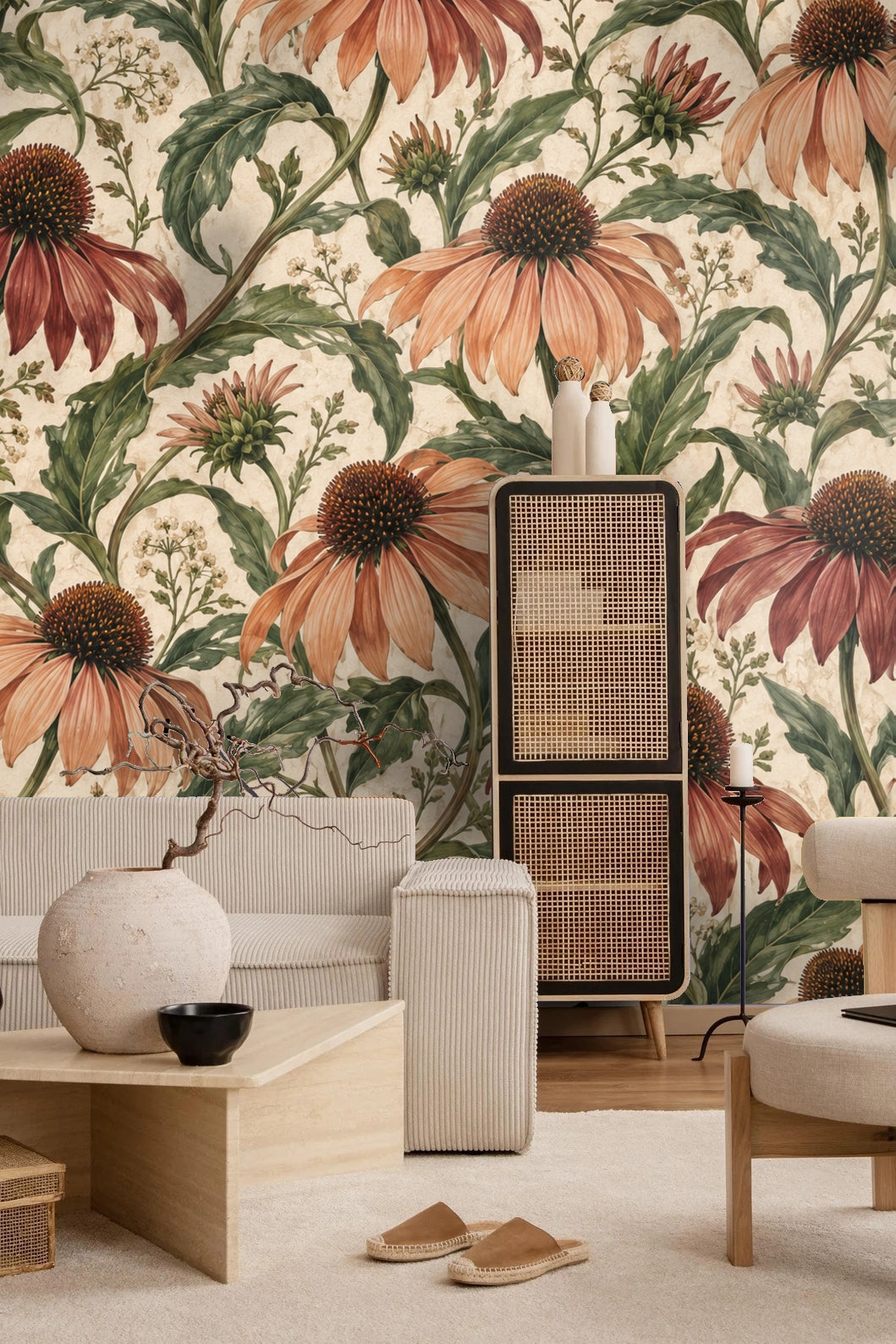 Muted floral wallpaper pattern emphasizing textured background and foliage wrinkles.