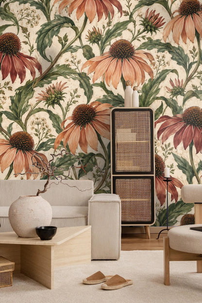 Muted floral wallpaper pattern emphasizing textured background and foliage wrinkles.