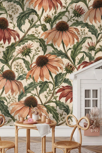Boho style room featuring large floral wallpaper with green leaves and rust petals.