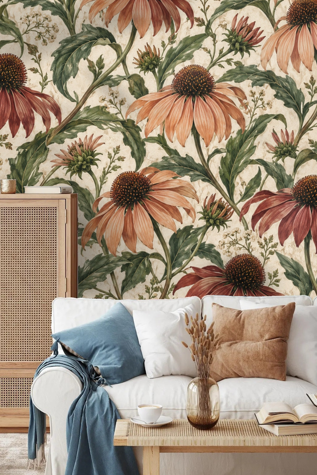 Close-up of large coneflower petals in rust and peach with textured ivory background.