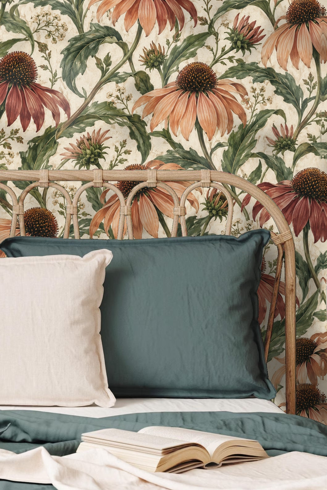 Detailed botanical illustration of coneflower with soft feathered petals and green foliage.