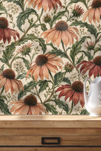 Close view of textured floral wallpaper mural in warm, muted tones.