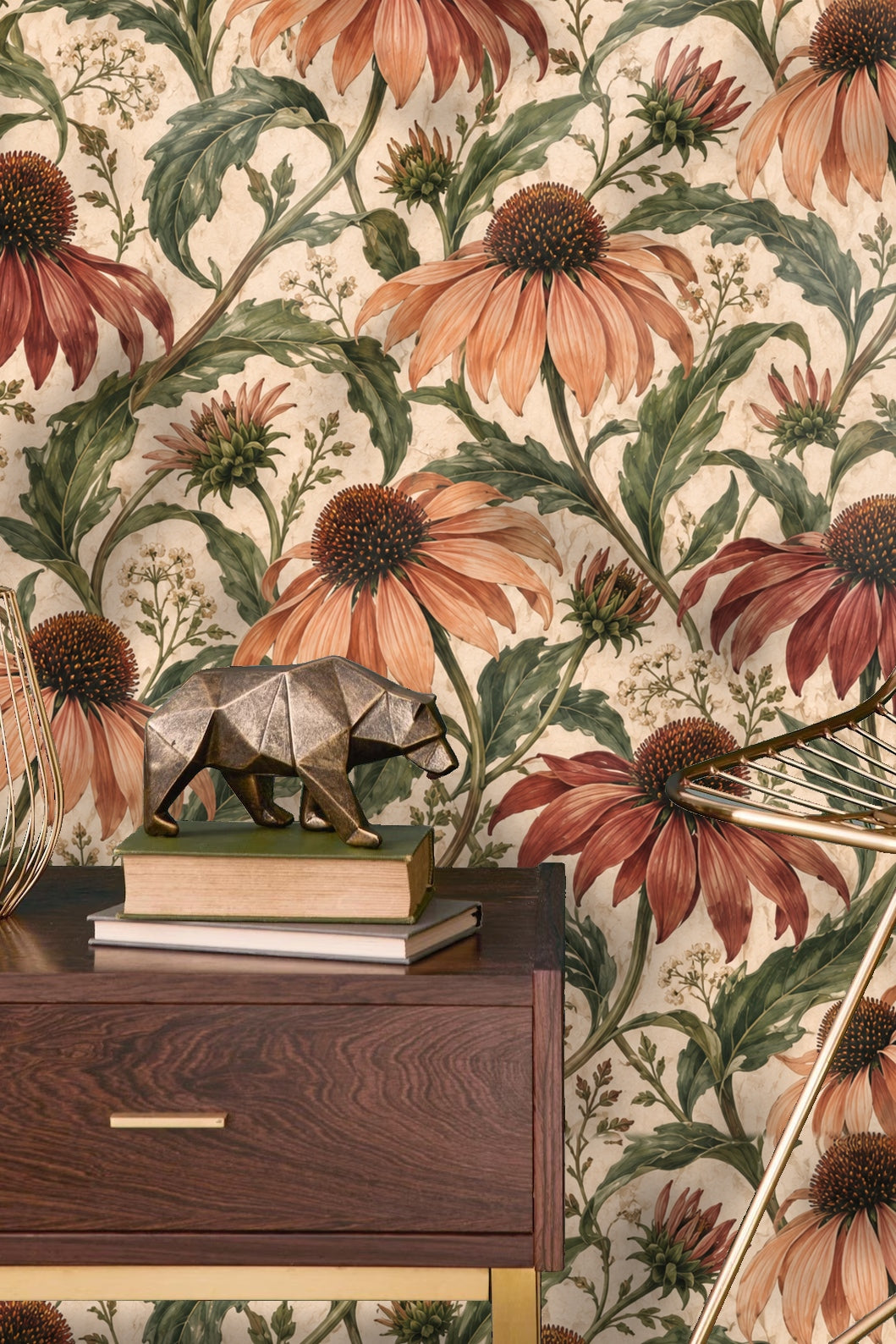 Interior with wicker furniture against large botanical wallpaper motif.
