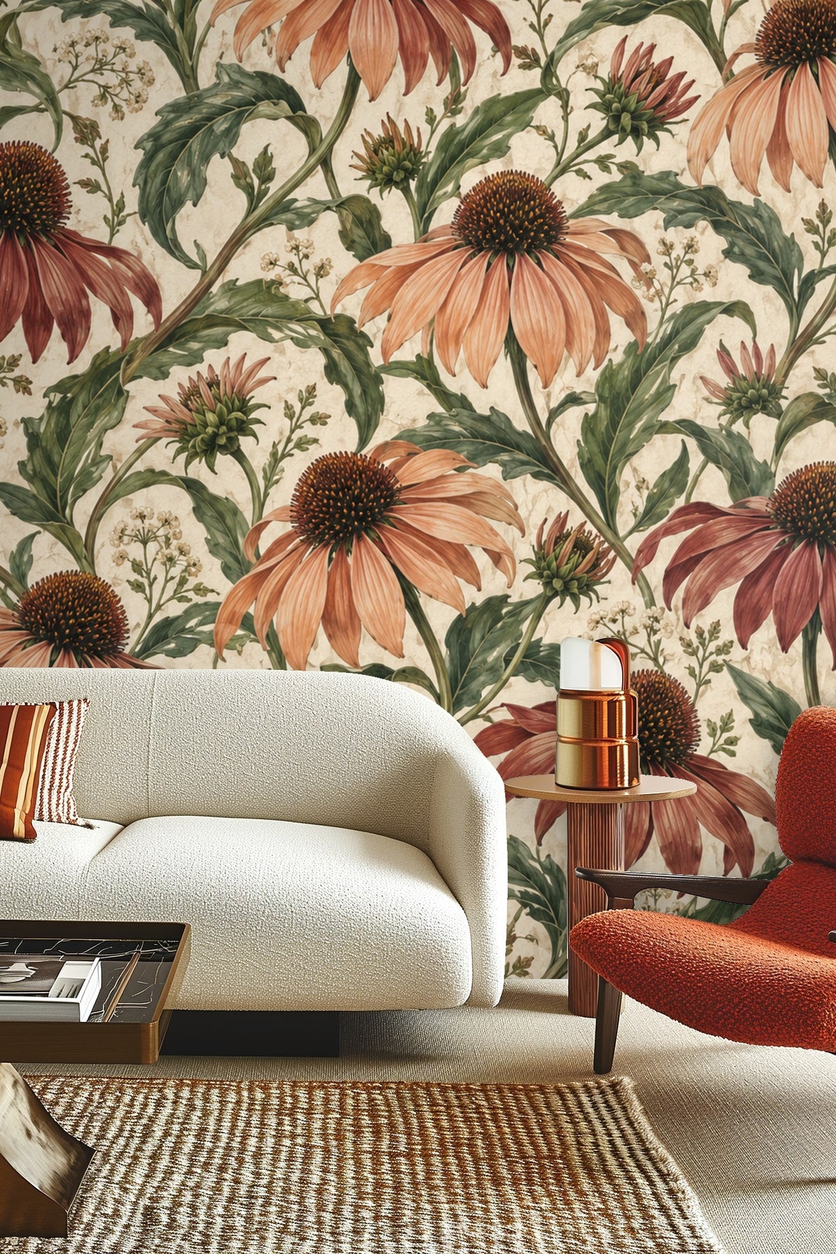 Living room with sofa and rust-tinged coneflower wallpaper creating cozy botanical atmosphere.