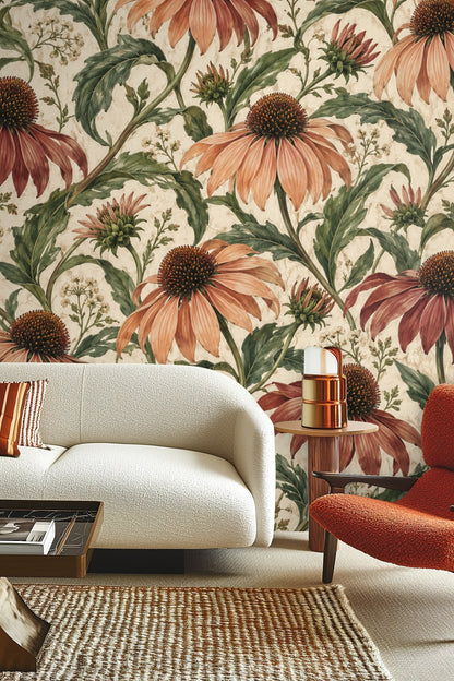 Living room with sofa and rust-tinged coneflower wallpaper creating cozy botanical atmosphere.